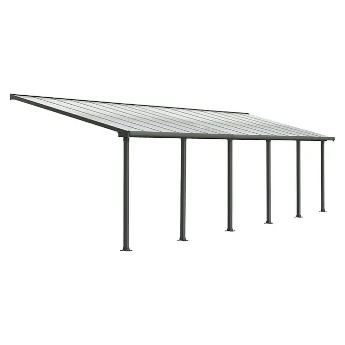 Palram – Canopia Terrassenüberdachung Olympia - B x T: 915 x 300 cm, Anthrazitgrau, Polycarbonat, Transparent - Produktbild einer modernen Terrassenüberdachung mit transparentem Dach und stabilen Stützpfosten. Ideal für den Außenbereich.