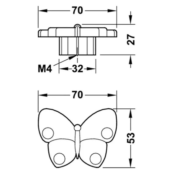 Kinder-Möbelknopf - Knopf, Ø x H: 70 x 53 mm, Grün, Schmetterling - Technische Zeichnung eines Möbelknopfs und eines Schmetterlings, Maße in Millimetern angegeben.