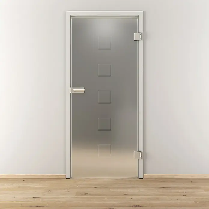 Diamond Doors Glasdrehtür 505 - 709 x 1.972 mm, DIN Anschlag: Rechts, Milchglas - Elegante Glastür mit satiniertem Finish und modernen, quadratischen Designelementen, ideal für stilvolle Innenräume.
