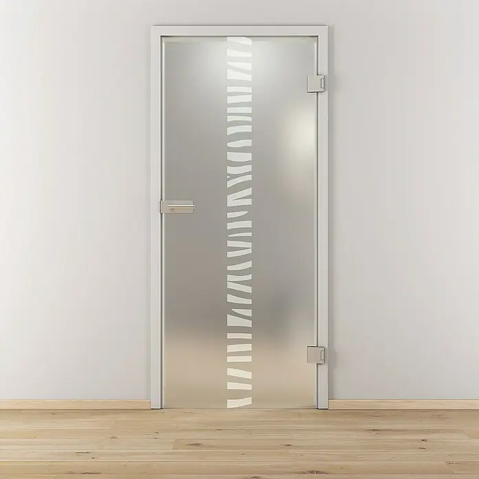 Diamond Doors Glasdrehtür 548 - 959 x 1.972 mm, DIN Anschlag: Rechts, Milchglas - Eine moderne, matte Glastür mit weißem Rahmen und einem Streifenmuster, die Eleganz und Privatsphäre vereint. Ideal für zeitgemäße Innenräume.