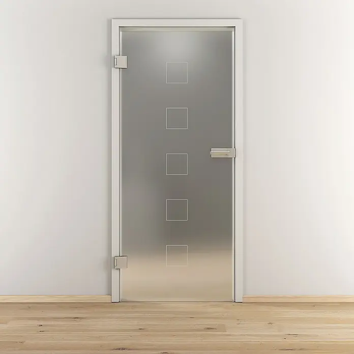 Diamond Doors Glasdrehtür 505 - 834 x 1.972 mm, DIN Anschlag: Links, Milchglas - Elegante Glastür mit mattem Finish und quadratischen Designelementen. Die Tür ist mit modernen Beschlägen versehen und fügt sich nahtlos in jeden Raum ein.
