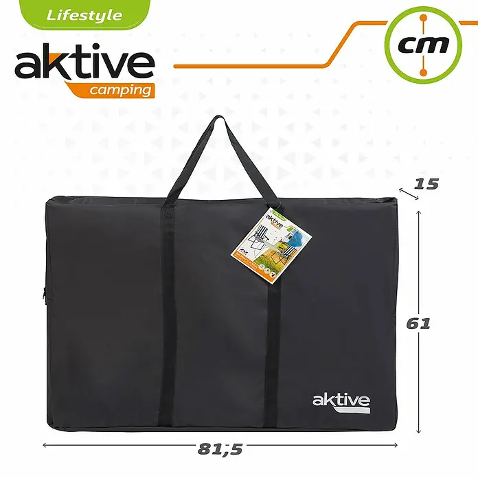 Aktive Conjunto de muebles Boris - 3 pzs., Aluminio/Poliéster, Blanco, Azul - En la imagen se muestra una bolsa de transporte Aktive Camping negra con dimensiones, ideal para guardar y transportar material de camping.