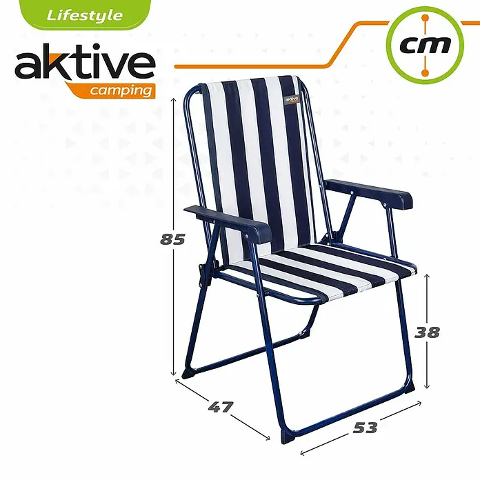 Aktive Conjunto de muebles Boris - 3 pzs., Aluminio/Poliéster, Blanco, Azul - Imagen de una silla Aktive Camping a rayas azules y blancas con dimensiones.