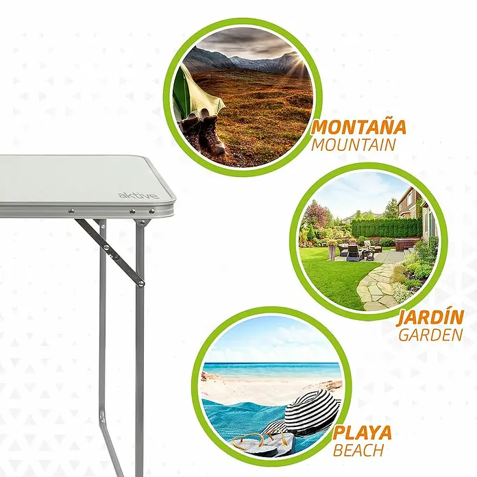 Aktive Conjunto de muebles Boris - 3 pzs., Aluminio/Poliéster, Blanco, Azul - Versátil mesa de camping Aktive perfecta para excursiones de montaña, jardín y playa. Práctica para actividades al aire libre.