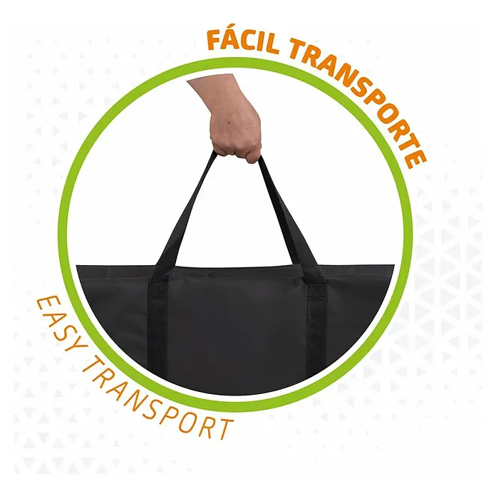 Aktive Conjunto de muebles Boris - 3 pzs., Aluminio/Poliéster, Blanco, Azul - Ilustración de una bolsa de transporte negra con la inscripción "Fácil transporte". La bolsa está sostenida por una mano y está rodeada por un círculo verde.