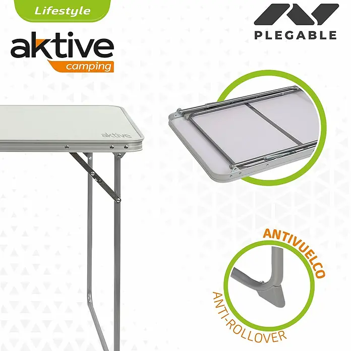 Aktive Conjunto de muebles Boris - 3 pzs., Aluminio/Poliéster, Blanco, Azul - Imagen de un anuncio de mesa plegable Aktive Camping que destaca las características del producto, como el diseño antivuelco y el fácil plegado para su portabilidad.