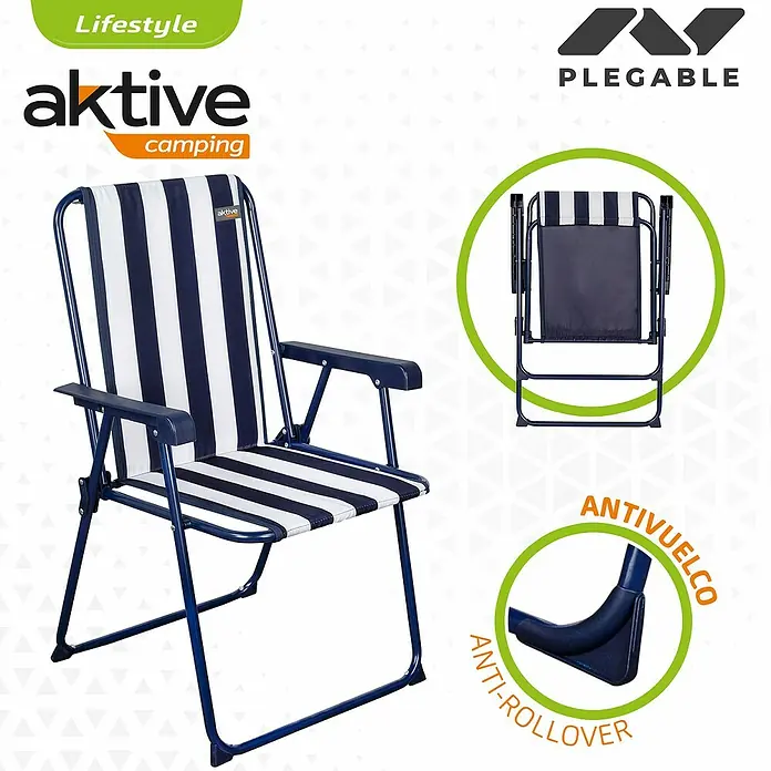 Aktive Conjunto de muebles Boris - 3 pzs., Aluminio/Poliéster, Blanco, Azul - Silla plegable rayas Aktive Camping en azul y blanco. Cuenta con pies anti-vuelco, que aumentan su confort y seguridad.