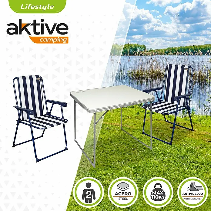 Aktive Conjunto de muebles Boris - 3 pzs., Aluminio/Poliéster, Blanco, Azul - Juego de camping Aktive Lifestyle con mesa y dos sillas a rayas azules y blancas, ideal para exteriores.