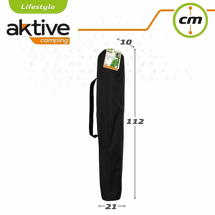 Aktive Mesa de jardín Palma - L x An x Al: 110 x 70 x 70 cm, Aluminio, Gris, Abatible - Imagen de un producto Aktive Camping, empaquetado en una bolsa negra alargada con dimensiones de 112 x 21 x 10 cm.