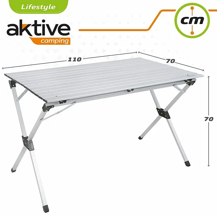 Aktive Mesa de jardín Palma - L x An x Al: 110 x 70 x 70 cm, Aluminio, Gris, Abatible - Imagen de una mesa de camping portátil plateada que mide 110 x 70 x 70 cm de Aktive Camping para actividades al aire libre.