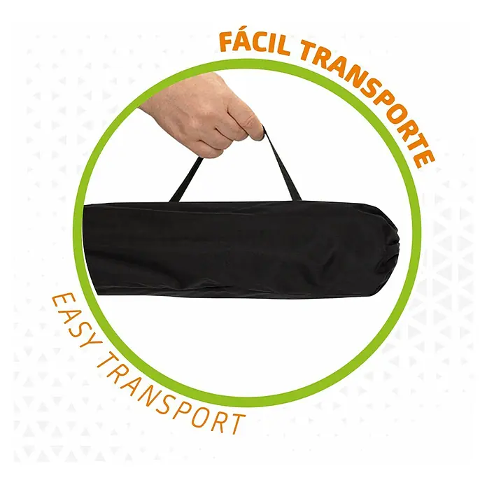 Aktive Mesa de jardín Palma - L x An x Al: 110 x 70 x 70 cm, Aluminio, Gris, Abatible - Imagen de una bolsa de transporte negra, destacada por un círculo verde y texto que enfatiza el fácil transporte.