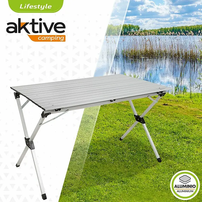Aktive Mesa de jardín Palma - L x An x Al: 110 x 70 x 70 cm, Aluminio, Gris, Abatible - Esta imagen muestra una mesa plegable de aluminio Aktive Camping, ideal para actividades al aire libre.