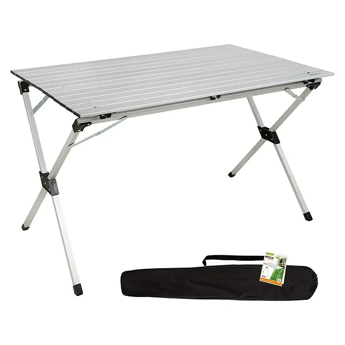 Aktive Mesa de jardín Palma - L x An x Al: 110 x 70 x 70 cm, Aluminio, Gris, Abatible - Mesa de camping plateada con estructura de aluminio y bolsa de transporte para facilitar el transporte y el almacenamiento para actividades al aire libre.