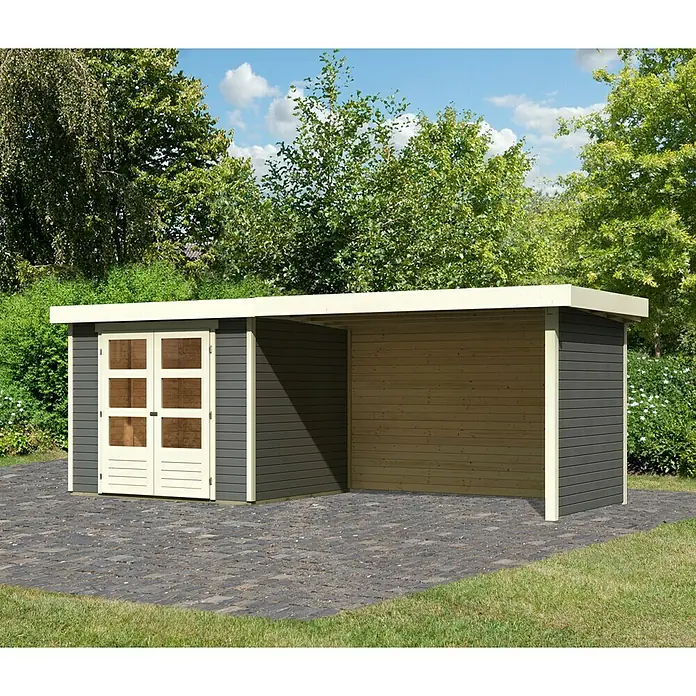 Karibu Gartenhaus Askola 3 - Außenmaß inkl. Dachüberstand (B x T): 528,5 x 238 cm, Holz, Terragrau, Mit Anbaudach, Rück- und Seitenwand - Ein modernes Gartenhaus mit Doppeltüren und offenem Anbau, ideal für Lagerung und als Unterstand. Die graue Farbe fügt sich gut in jeden Garten ein.