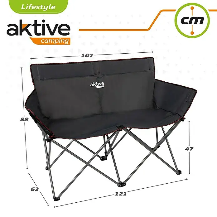 Aktive Banco de camping plegable Nelson - 121 x 63 x 88 cm, Acero, Negro - La imagen muestra un banco de camping Aktive detallado con sus dimensiones. El banco es gris con detalles rojos.