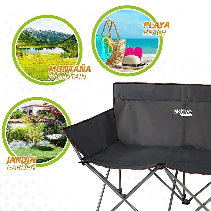 Aktive Banco de camping plegable Nelson - 121 x 63 x 88 cm, Acero, Negro - Silla de camping doble Aktive con funda de tela gris y ribete rojo, ideal para aventuras al aire libre en diversos entornos.