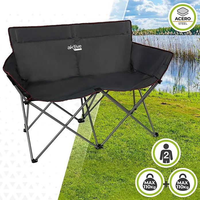 Aktive Banco de camping plegable Nelson - 121 x 63 x 88 cm, Acero, Negro - La imagen muestra un banco de camping doble Aktive gris con costuras rojas, ideal para dos personas, con capacidad hasta 220 kg.