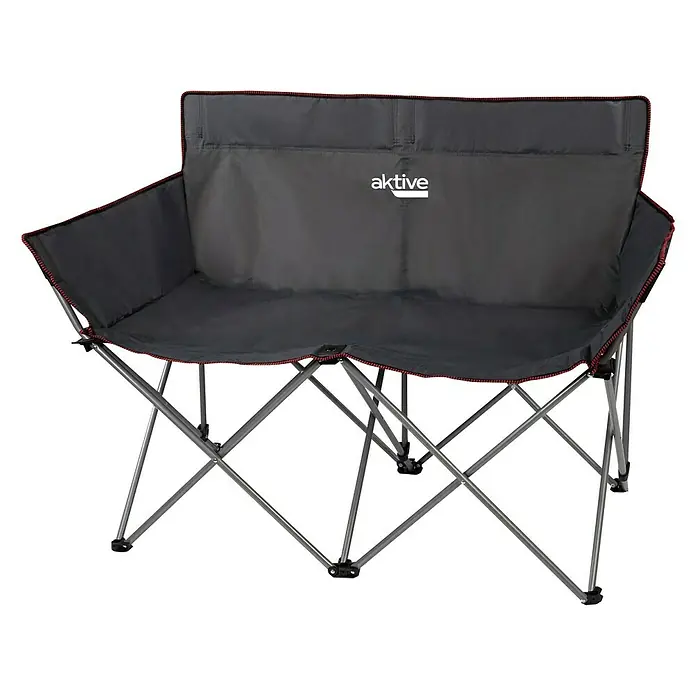 Aktive Banco de camping plegable Nelson - 121 x 63 x 88 cm, Acero, Negro - Imagen de una silla de camping doble Aktive con estructura gris y tela negra. Ideal para viajes de camping y actividades al aire libre.