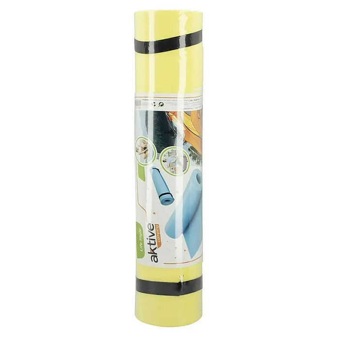 Alfombra exterior aislante - Colores surtidos, 180 x 50 cm - Esterilla de camping amarilla "Aktive Camping Life Style", enrollada y asegurada con una banda negra, ideal para actividades al aire libre.