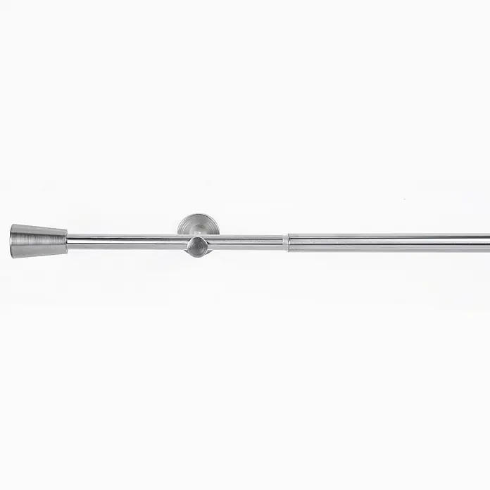 Stilgarnitur Mino - Länge Gardinenstange: 100 cm - 190 cm, Edelstahl-Optik - Eine Chrom-Duschstange mit konischer Endkappe und Wandhalterung. Elegantes Design für moderne Badezimmer.