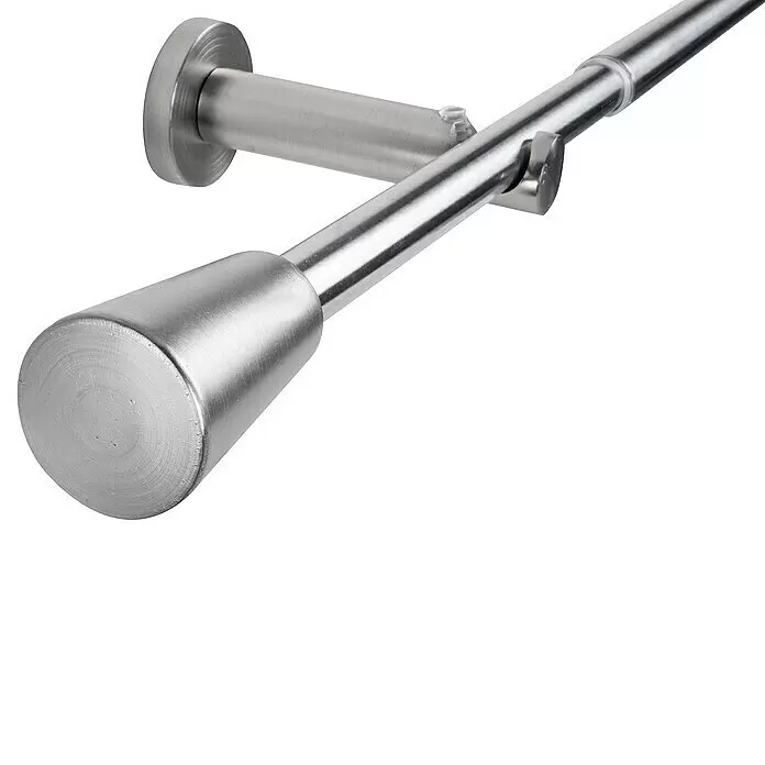 Stilgarnitur Mino - Länge Gardinenstange: 100 cm - 190 cm, Edelstahl-Optik - Gebürstete Edelstahl-Gardinenstange mit konischem Endstück und Wandhalterung.