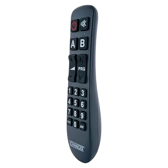 Schwaiger Universal-Fernbedienung Comfort Plus 2in1 - 30 x 45 x 175 mm, Schwarz, Passend für: TV-Geräte der Marken: LG, Samsung, Sony, Panasonic, Philips - Eine graue Universalfernbedienung von Schwaiger mit großen Tasten für Senioren oder Menschen mit Sehbehinderung.