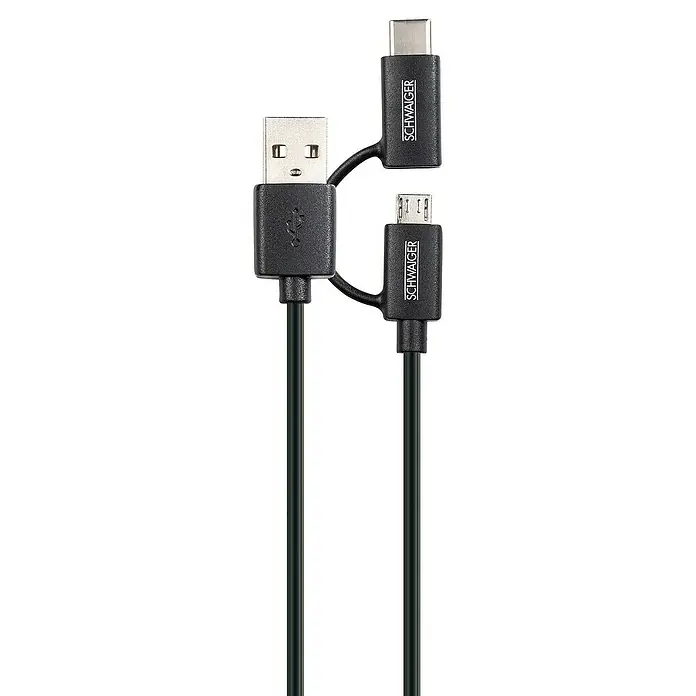 Schwaiger USB-Adapterkabel USB 3.1 C Stecker auf USB 2.0 Micro B Stecker - Schwarz, 1 m - Schwarzes USB-Kabel mit USB-A-, USB-C- und Micro-USB-Anschlüssen der Marke Schwaiiger für vielseitige Gerätekompatibilität.