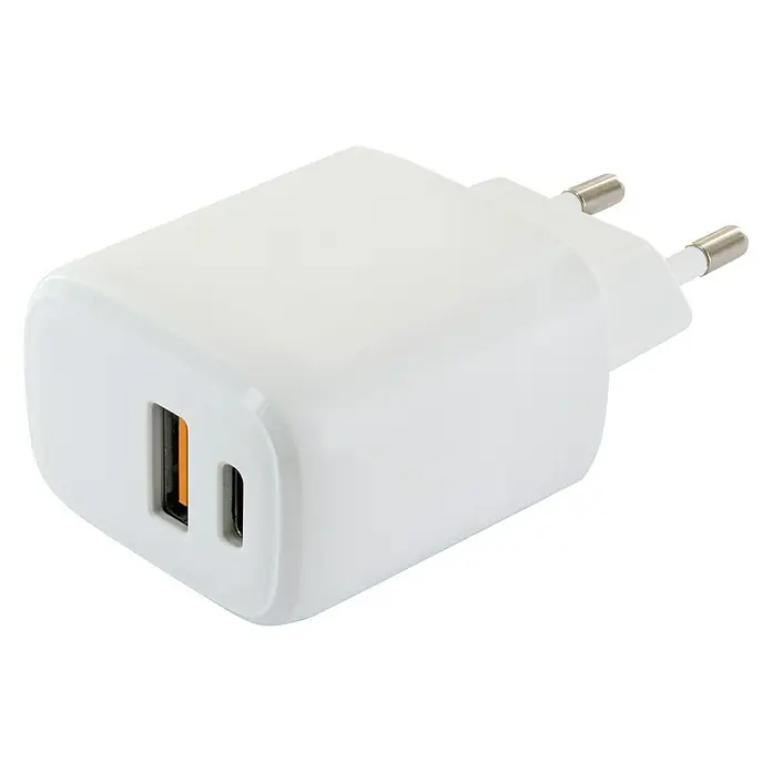 Schwaiger USB-LadeadapterUSB-A-Buchse, USB-C-Buchse - Weißer USB-Ladestecker mit zwei Anschlüssen und Eurostecker für schnelles und effizientes Laden von Geräten.