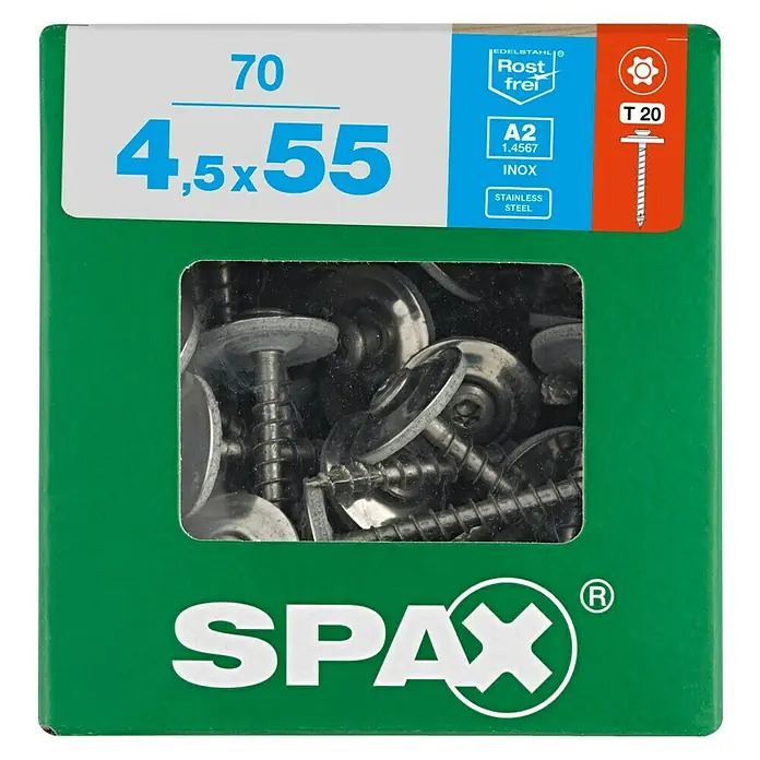 Spax Spenglerschraube T-Star plus - Ø x L: 4,5 x 55 mm, T-Star plus, 70 Stk. - Eine Packung SPAX Edelstahlschrauben A2 4,5x55mm mit Senkkopf und Torx-Antrieb, ideal für rostfreie Verbindungen im Innen- und Außenbereich.