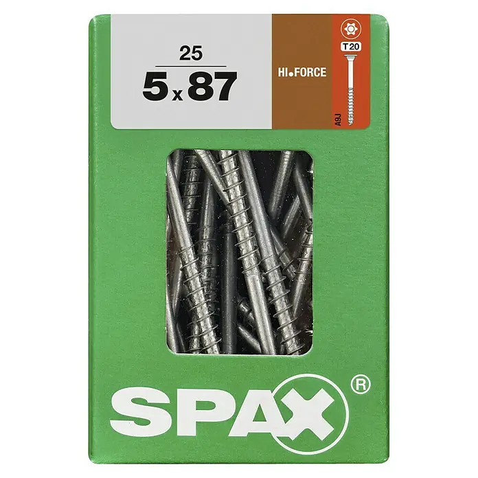 Spax T-Star plus Tellerkopfschraube - Ø x L: 5 x 87 mm, WIROX Oberfläche, T-Star plus, 25 Stk. - Eine Packung SPAX Hi-Force Schrauben, Größe 5 x 87, ideal für robuste Befestigungen und langlebige Konstruktionen.