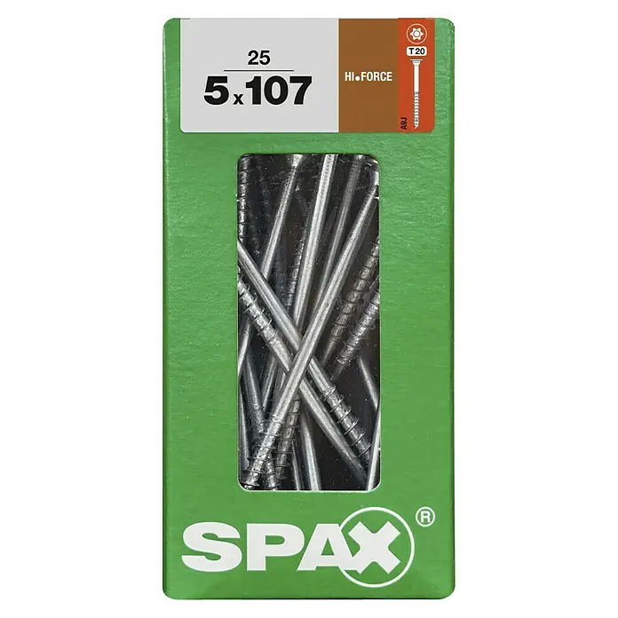 Spax T-Star plus Tellerkopfschraube - Ø x L: 5 x 107 mm, WIROX Oberfläche, T-Star plus, 25 Stk. - Ein grüner Karton Spax Schrauben 5x107 mit Hi.Force T20 Antrieb für den professionellen Einsatz.