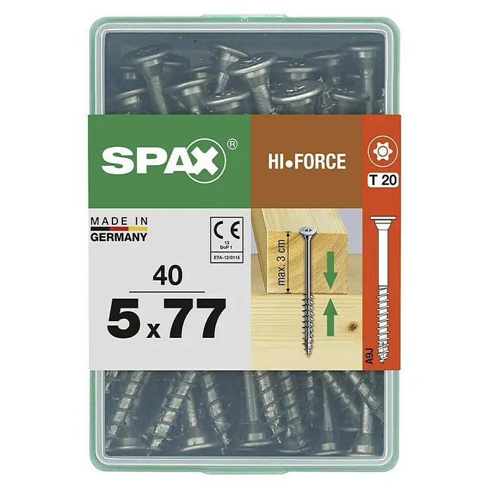 Spax T-Star plus Tellerkopfschraube - Ø x L: 5 x 77 mm, WIROX Oberfläche, T-Star plus, 40 Stk. - Dose mit 40 SPAX Hi-Force Schrauben, 5x77 mm, geeignet für Holzverbindungen bis 3 cm Dicke, mit T20-Antrieb für hohe Kraftübertragung.
