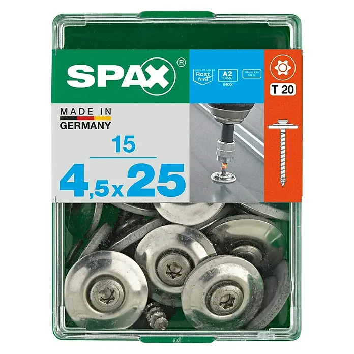 Spax Spenglerschraube T-Star plus - Ø x L: 4,5 x 25 mm, T-Star plus, 15 Stk. - Dose Spax Edelstahlschrauben mit Dichtscheibe, rostfrei, A2, 4,5x25 mm, T20, ideal für sichere und dauerhafte Befestigungen.