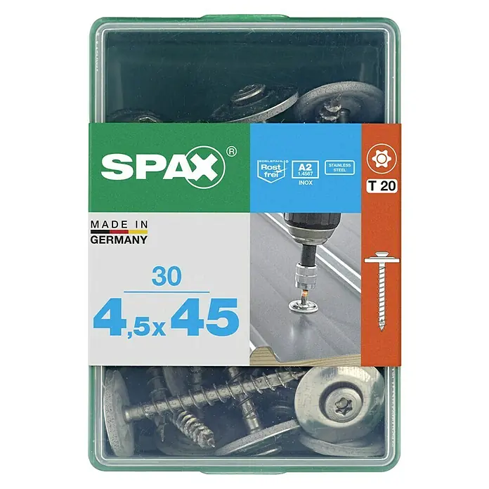 Spax Spenglerschraube T-Star plus - Ø x L: 4,5 x 45 mm, T-Star plus, 30 Stk. - Dose mit 30 Spax Edelstahl Rostfrei Schrauben A2, Größe 4,5x45 mm, ideal für Befestigungen im Außenbereich und Feuchträumen.