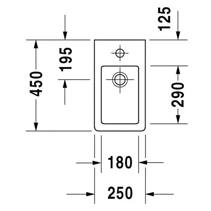 Duravit Vero Waschbecken - 25 x 45 cm, Ohne Spezialglasur, Hahnloch: Rechts, Mit Überlauf, Weiß, Ungeschliffen - Technische Zeichnung eines Waschtisches mit Maßangaben. Detaillierte Maße für Installation und Planung.