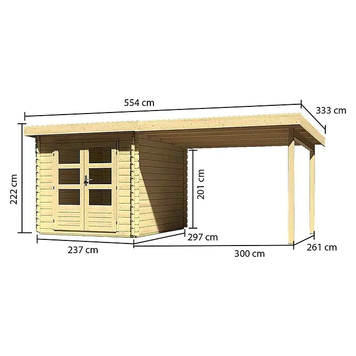 Karibu Gartenhaus Bastrup 4 - Außenmaß inkl. Dachüberstand (B x T): 554 x 333 cm, Holz, Natur, Mit Anbaudach - Abbildung eines Holzgartenhauses mit Anbau und Maßangaben. Ideal als Geräteschuppen oder Unterstand, mit präzisen Abmessungen für die Planung.