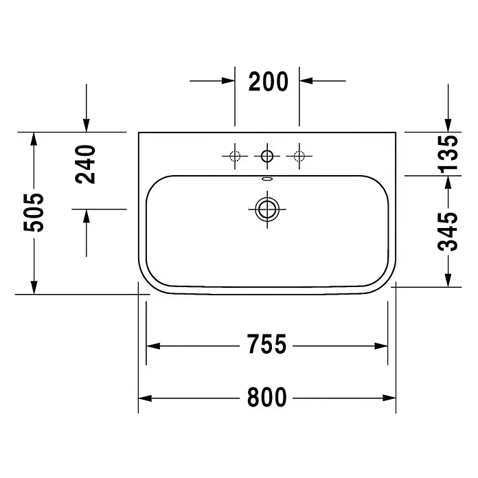 Duravit Happy D.2 Waschtisch - 80 x 50,5 cm, Ohne Spezialglasur, Hahnloch: Mitte, Mit Überlauf, Weiß, Ungeschliffen - Technische Zeichnung eines rechteckigen Waschbeckens mit abgerundeten Ecken und Maßangaben für Installation und Design.