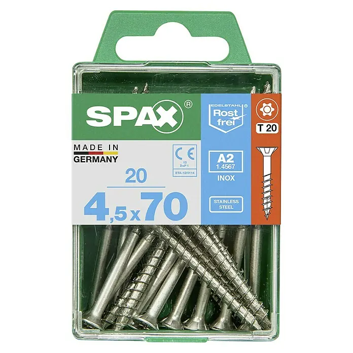Spax T-Star plus Senkkopfschraube Rostfrei - Ø x L: 4,5 x 70 mm, Edelstahl rostfrei A2, 20 Stk., Teilgewinde - Verpackung mit 20 SPAX Universalschrauben A2 aus Edelstahl, 4,5 x 70 mm, mit T20-Antrieb, ideal für diverse Holzbauprojekte.