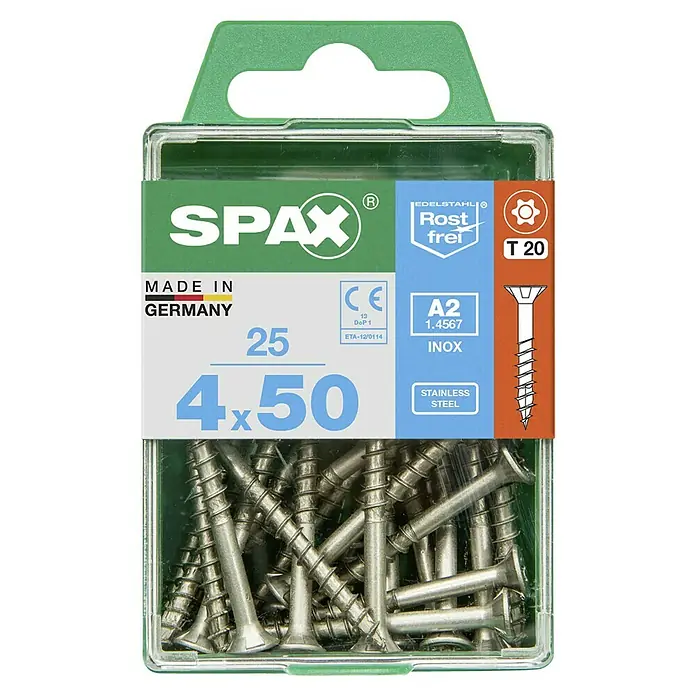 Spax T-Star plus Senkkopfschraube - Ø x L: 4 x 50 mm, Edelstahl, 25 Stk., Vollgewinde - Eine Packung Spax-Schrauben 4x50 aus Edelstahl, ideal für diverse Befestigungsarbeiten im Innen- und Außenbereich.