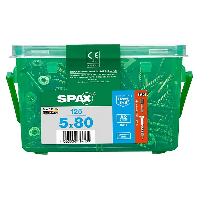 Spax Senkkopfschraube T-Star Plus - Ø x L: 5 x 80 mm, Edelstahl rostfrei A2, 125 Stk., Teilgewinde - Dose mit SPAX-Schrauben 5x80mm aus Edelstahl A2, ideal für Rostfreiheit und vielfältige Anwendungen.