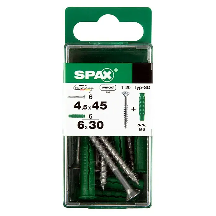 Spax Schrauben- & Dübel-Set - 6 Stk., Ø x L: 4,5 x 45 mm - SPAX Schrauben- und Dübel-Set, bestehend aus 6 Schrauben der Größe 4,5x45 und 6 Dübeln der Größe 6x30, ideal für Befestigungen.