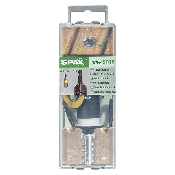Tiefenanschlag - Antriebsgröße: TX 25 - Produktverpackung: SPAX Drive Stop Tiefenanschlag Bit mit Schraube und Tiefenanschlag für präzise Schraubarbeiten.