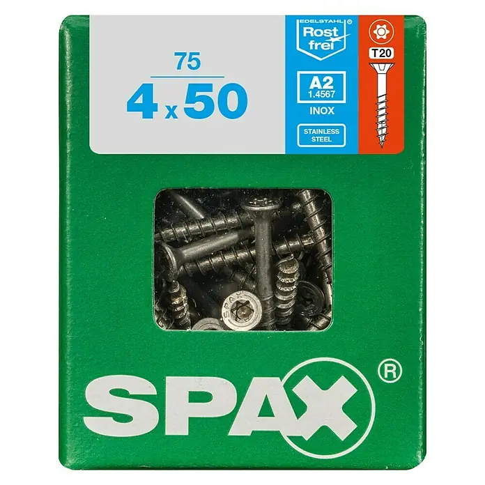 Spax T-Star plus Senkkopfschraube Rostfrei - Ø x L: 4 x 50 mm, Edelstahl rostfrei A2, 75 Stk., Teilgewinde - Eine Packung SPAX Edelstahlschrauben A2 mit Senkkopf, ideal für den Einsatz im Außenbereich und in feuchten Umgebungen. Größe: 4 x 50 mm.