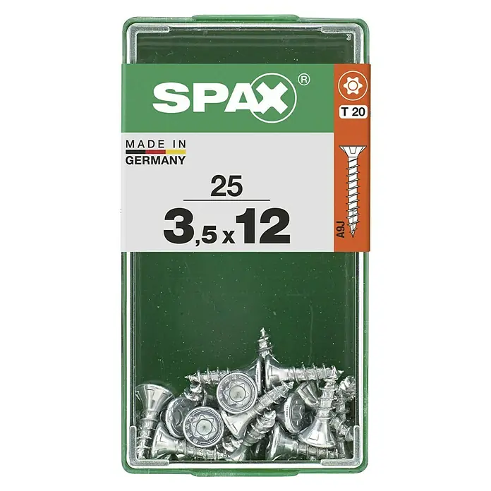 Spax T-Star plus Universalschraube T-Star plus - Ø x L: 3,5 x 12 mm, 25 Stk., Vollgewinde - Bild einer Schachtel mit 25 SPAX-Schrauben der Größe 3,5x12, hergestellt in Deutschland, mit T20-Torx-Antrieb.