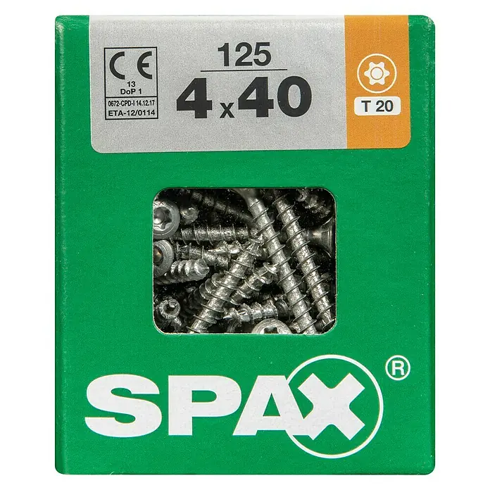 Spax T-Star plus Linsensenkschraube - Ø x L: 4 x 40 mm, Linsensenkkopf, 125 Stk. - Nahaufnahme einer grünen Spax-Schraubenbox mit den Maßen 4x40 mm und Torx T20-Antrieb, ideal für Holzkonstruktionen und Heimwerkerprojekte.