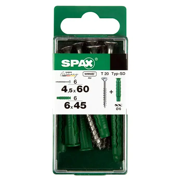 Spax Schrauben- & Dübel-Set - 6 Stk., Ø x L: 4,5 x 60 mm - Verpackung von Spax Schrauben 4,5x60 und 6x45 mit Dübeln, ideal für Befestigungen im Innen- und Außenbereich, hohe Qualität und einfache Anwendung.