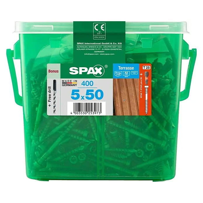 Spax T-Star plus Terrassenschraube Stufenbohrer - Ø x L: 5 x 50 mm, Edelstahl rostfrei A2, 400 Stk. - Dose mit 400 SPAX Terrassenschrauben 5x50 mm, inklusive Bohrer und T-STAR plus Bit für den Terrassenbau.