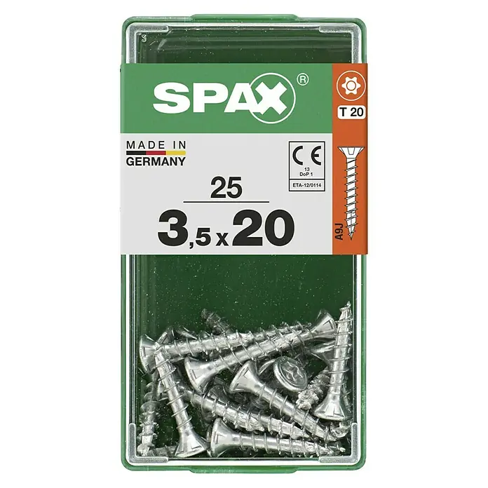 Spax T-Star plus Universalschraube T-Star plus - Ø x L: 3,5 x 20 mm, 25 Stk., Vollgewinde - Eine Packung SPAX-Schrauben, hergestellt in Deutschland, mit den Maßen 3,5 x 20 mm, ideal für vielfältige Befestigungsaufgaben.