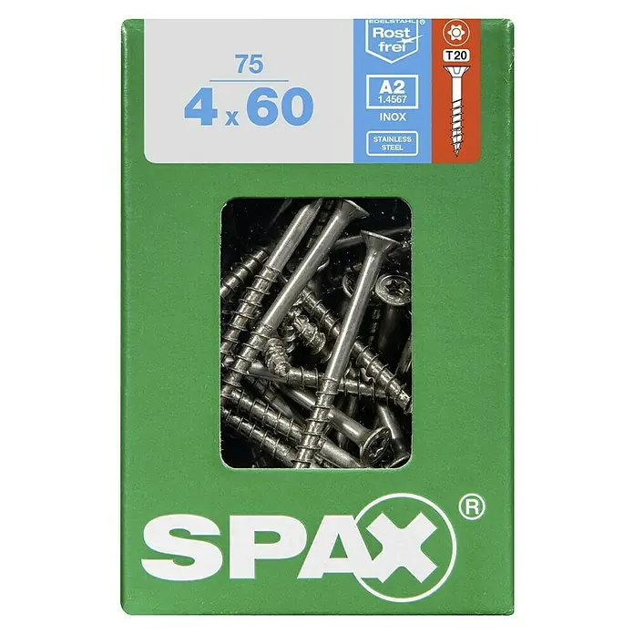 Spax T-Star plus Senkkopfschraube Rostfrei - Ø x L: 4 x 60 mm, Edelstahl rostfrei A2, 75 Stk., Teilgewinde - Spax Schrauben 4 x 60 mm aus Edelstahl A2, rostfrei und T20-kompatibel, für vielfältige Anwendungen im Innen- und Außenbereich.