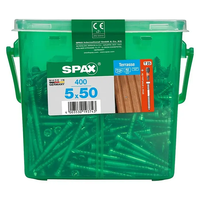 Spax T-Star plus Terrassenschraube - Ø x L: 5 x 50 mm, Edelstahl rostfrei A2, 400 Stk. - Grüner Eimer Spax Terrassenschrauben 5x50mm, ideal für den Bau von Terrassen und Außenbereichen.